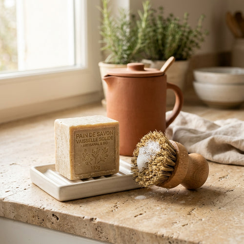 Pain de Savon Vaisselle Solide (100g) + Brosse en Hêtre Massif — AURA TERRA