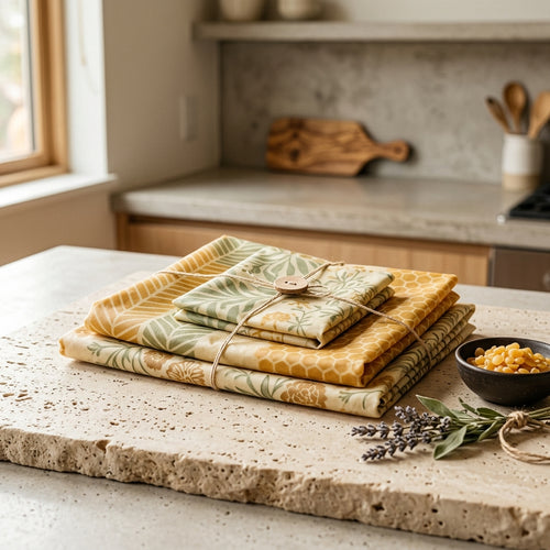 Set de 3 Bee Wraps en cire d'abeille bio et coton GOTS - Rendu studio AURA TERRA