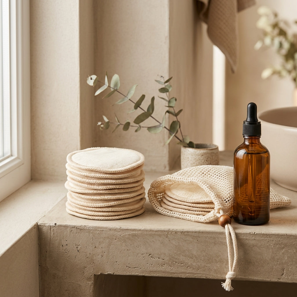 Disques démaquillants lavables en fibre de bambou avec filet de lavage - Rendu studio AURA TERRA