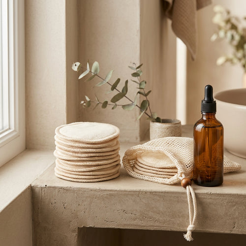 Disques démaquillants lavables en fibre de bambou avec filet de lavage - Rendu studio AURA TERRA