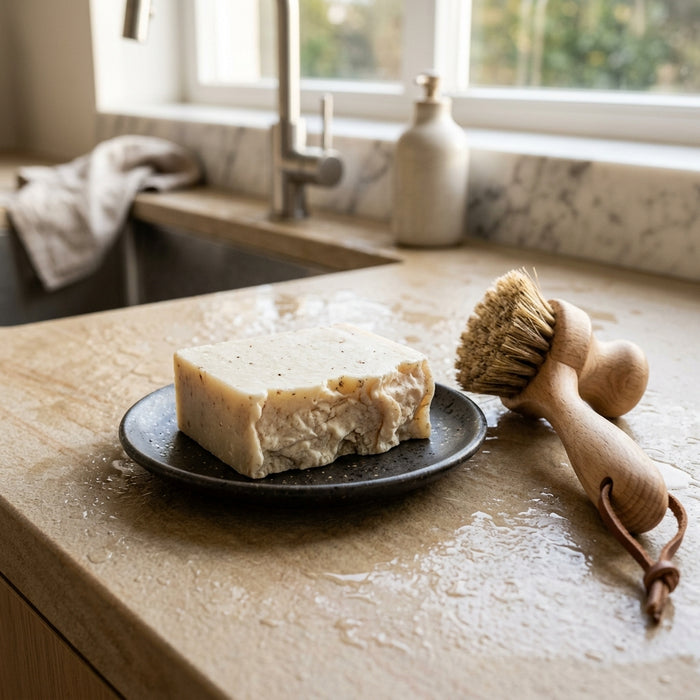 Pain de Savon Vaisselle Solide (100g) + Brosse en Hêtre Massif — AURA TERRA